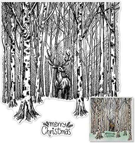 Merry Christmas Tree Background Clear Stamps for Card Making, Winter Forest Christmas Deer Elk Words Clear Rubber Stamps for Card Making Christmas Crafts Scrapbooking Album Paper Stamps Decoration