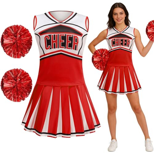 maxToonrain Cheerleader Costume Women Halloween with Pull Ring Pom Poms High School Girls Outfit Tops and Skirt 3PC Cheerleading Uniform Fancy Dress Set