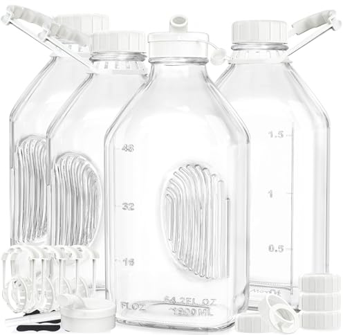 Syntic 4 Pack 2 Qt Glass Milk Bottles with Handle and Airtight Reusable Screw Lids, 1/2 Gal Glass Water & Juice Bottles with 2 Pour Spouts, 64 Oz Milk Jug Pitcher w Scale