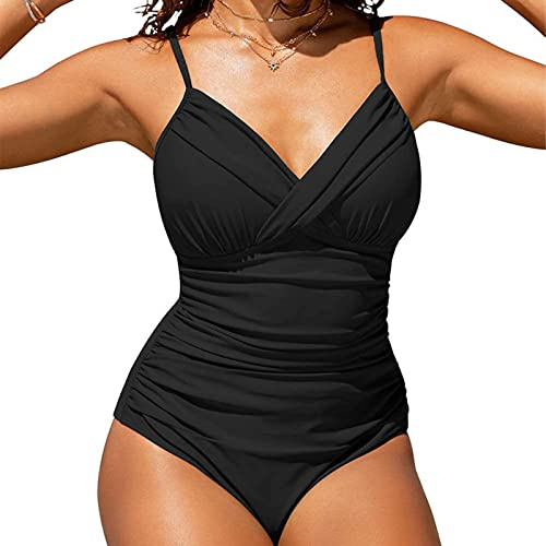 Bañador Mujer Reductores Vientre Plano Push up Elegante Traje de Baño con Aros Cuello en V Ajustables Tipo Sling Control de Barriga Pecho Grande Bañadores Mujer Verano Despedida Soltera Negro Talla L