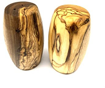 D.O.M. Salière et poivrière en forme de tonneau en bois d'olivier – individuellement ou en lot (ensemble salière et poivrière)
