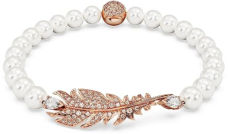 Swarovski Nice Armband, Rosé Vergoldetes Perlenarmband mit Feder-Motiv und Strahlenden Swarovski Kristallen