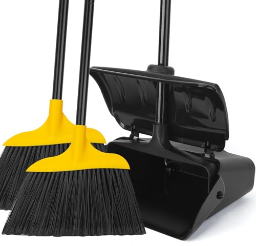 Indoor/Outdoor Heavy Duty Broom and Dustpan Set,Upright Plastic Commercial Dust Pan with 2 Brooms Perfect for Sweeping Courtyard Garage Lobby Kitchen Office Mall Market Shop Floor