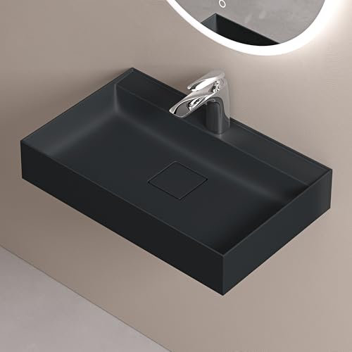 doporro Waschbecken Aufsatzwaschbecken Hängewaschbecken aus Mineralguss BTH: 60×38×12cm Waschplätze in matt Anthrazit inkl. Ablaufgarnitur Colossum630