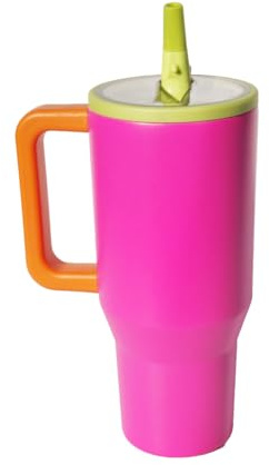 ThreeRs Tumbler med handtag uppfällbart sugrör 30 cl läckagesäker vakuumisolerad mugg i rostfritt stål, gummibas, resemuggar, rostfritt stål, silikonmunstycke, läckagesäker PCTG-lock (orkidé)