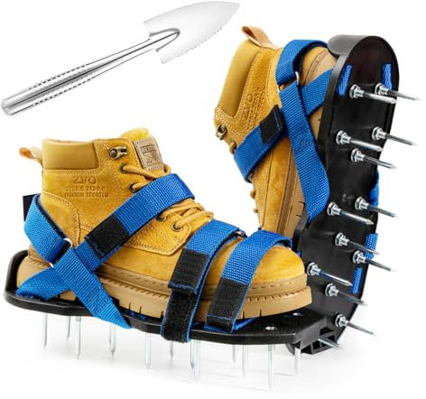 Bakulala Lawn Aerator Shoes for Grass Aerator Spiked Shoes Free-Installation Aeration Shoes with Stainless Steel Shovel, Heavy Duty Spiked Aerating Sandals with 900D Straps for Patio Garden Lawn Blue