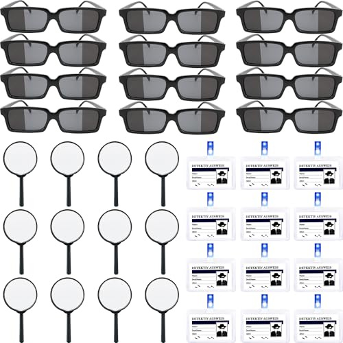 Kit spia da 36 pezzi per bambini, con 12 occhiali da sole See Behind You, 12 lenti di ingrandimento nere per detective, 12 etichette con nome agente segreto per spia, cosplay, fuga, camera, detective