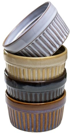 Reactive Glaze Ramekins Set Of 4 Ribbed Stoneware Round 200ml Serving Pot Dishes
