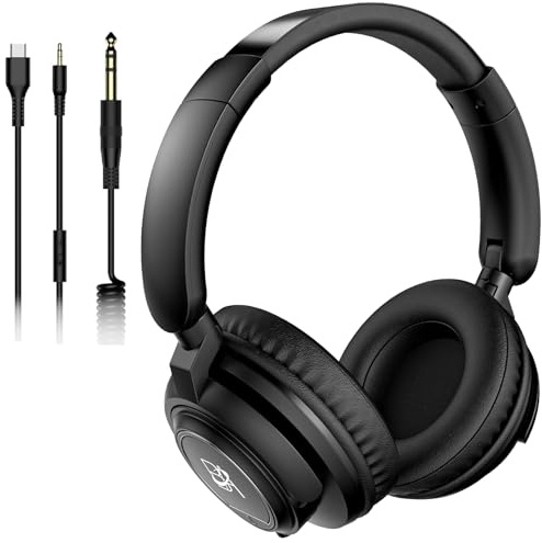 BeAttack Wired Over Ear Headphones Studio Monitor & Mixing DJ Stereo Headsets with 50mm Drivers and 1/4 to 3.5mm Jack for cellphone Type C AMP Computer Recording Podcast Keyboard Guitar Laptop - Black