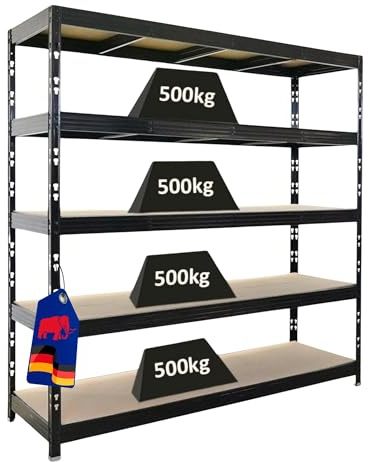 PROREGAL Étagère Professionnelle Robuste Rhino | HxLxP 200x200x60 cm | 5 Niveaux en aggloméré de 8 mm | Charge maximale 500 kg | Noir | Étagère de Garage, étagère de Rangement