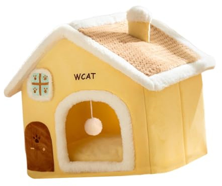 Qianly Maison pour Chat avec Grotte Douillette Coussin Moelleux Lavable Espace de Jeu avec Balle Suspendue Éponge Confortable Adaptée Aux Chats D'Intérieur C, S for 2.5kg Pet
