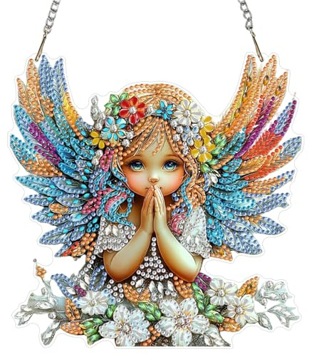 QENSPE Angel Diamond Art Kit, DIY Flowers Diamond Painting Hanging for Adults Beginner, Gem Arts Pendant Special Shaped Rhinestone Window Ornaments Wall Door Garden Decoration Gift, 20cm Width