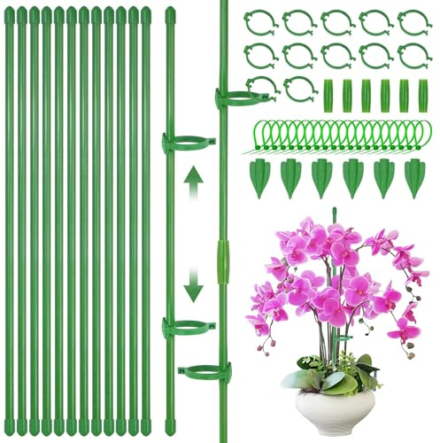 56 stycken växtstödsset, 30 cm justerbart växtstöd inomhusväxter med klämmor, dubbla anslutningar, buntband, jordspett, växthållare för orkidéer, monstera, pioner, klätterväxter