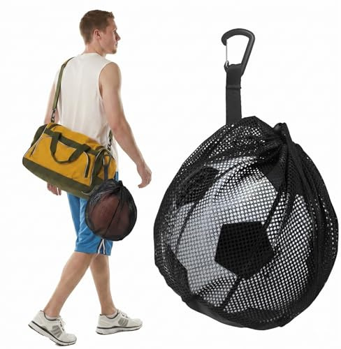 ZUWIJEQ Borsa Porta Palloni 25x30cm, Rete Porta Palloni in Poliestere con Gancio Metallico per Basket, Calcio, Pallavolo, Sacca Sportiva Portatile e Resistente (Nera)