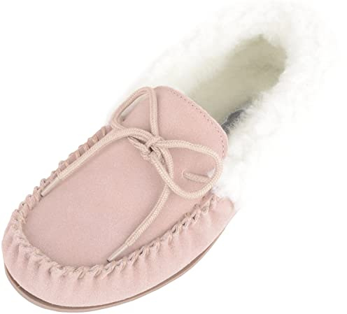SNUGRUGS Women's Wool Moccasin Slipper with Rubber Sole and Wool Cuff