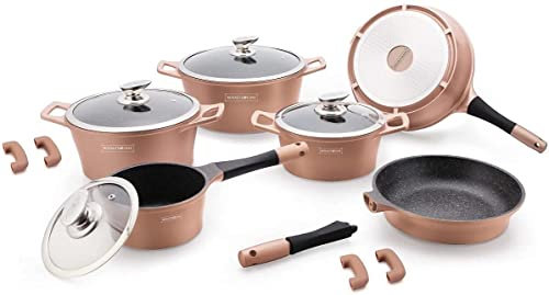 SET 14 PEZZI IN PIETRA PENTOLE PADELLE e COPERCHIO LAVICA ROY, PER USO PROFESSIONALE E DOMESTICO, MODELLO RL-ES1014M royalty line- RAME