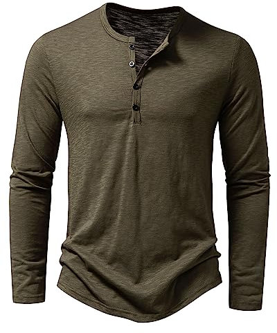 Men's Casual Grandad Collar Henley T Shirt Muscle Fit Summer Smart Long Sleeve 4 Buttons Tee Slim Fitted Collarless Polo T-Shirts Tops-Z-Army Green-M