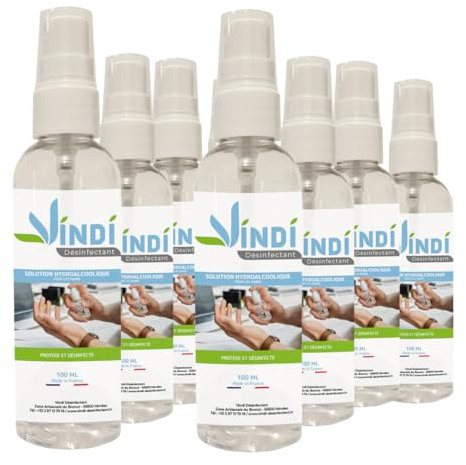 Vindi Désinfectant solution hydroalcoolique - Lot de 8 flacon spray de 100ml - Fabrication Française - 76% d'alcool - Désinfectant des mains et des surfaces - Virucide