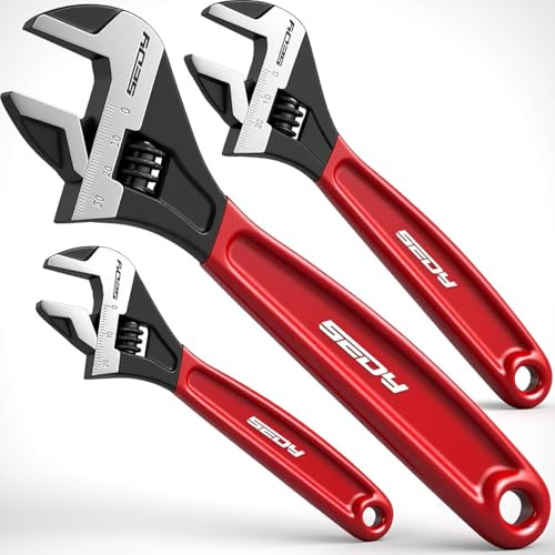 SEDY Adjustable Wrench Set Pipe Spanner: 6 8 10 Wide Jaw Black Oxide Wrench With Cushion Grip, Laser Marked Metric & SAE Scales, CR-V Steel for Professional