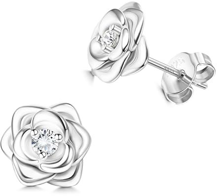 JeweBella Kleine Blumenohrringe aus 925er-Sterlingsilber für Damen und Mädchen, hypoallergen, rosa Ohrringe mit 5 A Zirkonia, Knorpelohrringe, Silber/Gold/Roségold/Schwarz, Schmuckgeschenke, Silber