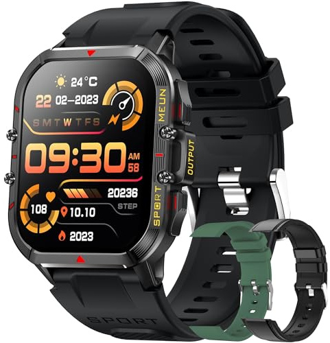 Smartklocka för män med Bluetooth-samtal, 1,96 tum AMOLED, 5ATM, SpO2, aktivitetsmätare, sömn, puls, 123 sportlägen, iOS Android (svart)
