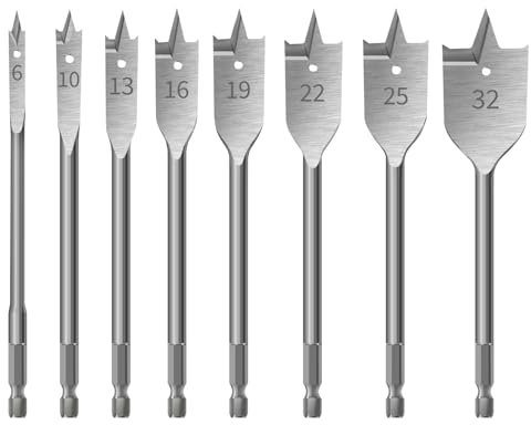 HPMAISON Spade Drill Bits Set, 8PCS High Carbon Steel Heavy Duty Flat Wood Drill Bit Set Ø 6-32mm, 1/4 inch Hex Shank Spade Bits Woodworking Drilling Flat Bits Blades Kit for Plywood Plastics Chipboar