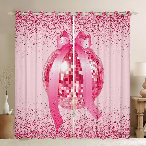 Western Cowgirl Princess Blackout Curtains,Pink Bowknot Bow Tie Disco Ball Cartoon Window Drapes for Girls Women,Glitter Grids Patch Romantic Window Treatments Grommet Top 2 Panel Set,42Wx63L inch