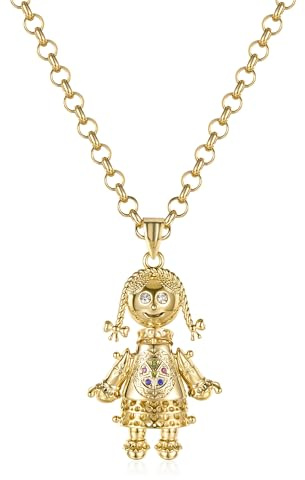 THE BLING KING Gold Rag Doll Pendant Necklace for Women, Multi-Colour CZ Stone Doll Charm, 22-Inch 5mm Belcher chain, PVD Gold Plated Statement Necklace, Gift for Her