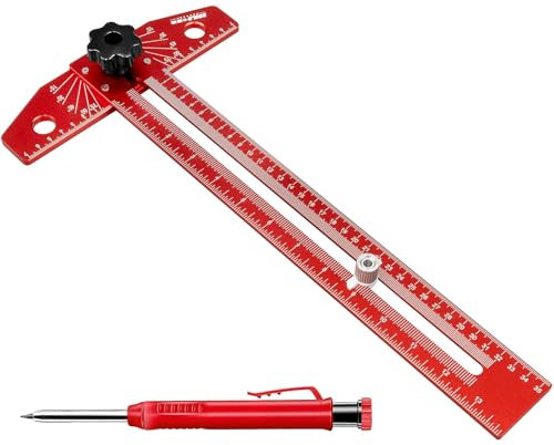 T Type Woodworking Scriber Ruler, 16 Inch Adjustable Marking Line Rulers, Aluminum Alloy Drawing aid Ruler with Angle Adjustment Scale for DIY Carpenter Architect (Red)