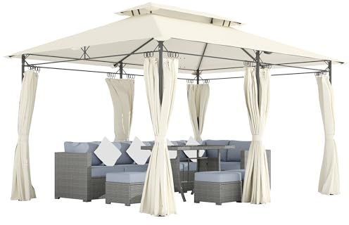 Outsunny Gazebo da Giardino 3x4 m con Tende Rimovibili, Doppio Tetto e 12 Fori di Drenaggio, Gazebo da Esterno in Metallo e Poliestere, per Giardino, Balcone, Feste, Campeggio, Crema