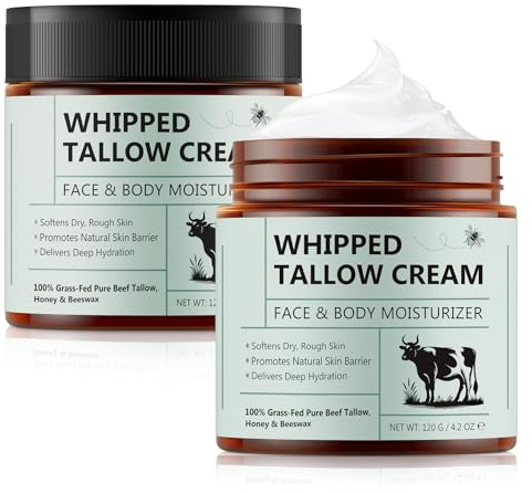 Whipped Beef Tallow for Skin - 100% Grass Fed Pure Beef Tallow with Honey, Natural Moisturizing Cream for Face and Body, Deep Hydration Softens Dry Skin, Nourishing Tallow Cream 4.2 Oz (2 Packs )