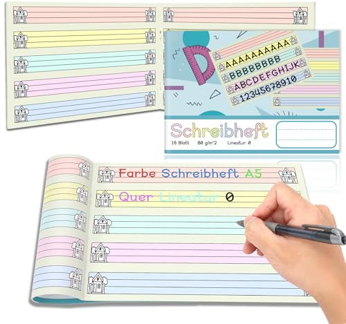 jiawaggag Farbe Schreibheft A5 Quer Lineatur 0 für 1. Schuljahr Lernheft Schreiblernheft Notizbuch für Die Schule und Zum Lernen 80 g/qm 16 Blatt