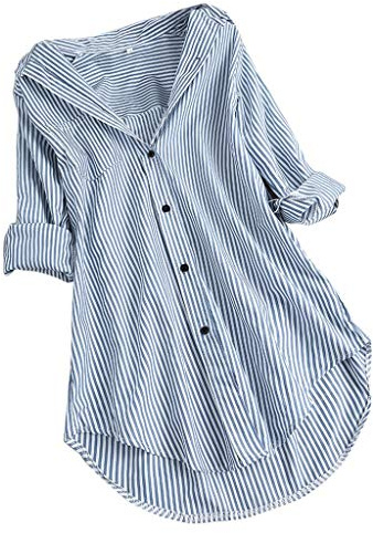 Chemisier Coton Femme Été Décontracté à Rayures Manches Longues Ample Robe Chemise Col en V Boutons Chemise de Travail Grande Taille Chic et Élégant Hauts pour Femmes
