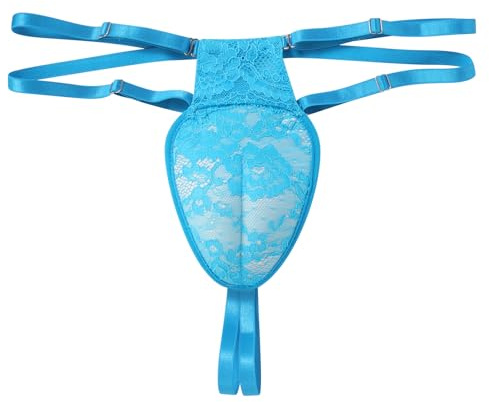 ABAFIP Men's Strappy Lace Thong Underwear Crossdresser Lingerie Low Rise G-string Underpants Sky Blue One Size