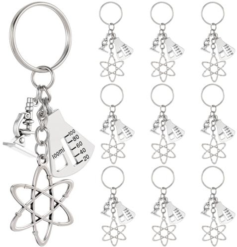 SUNNYCLUE 1 boîte de 20 porte Clés Symboles Scientifiques Porte Clés Atome Alliage Métallique Argenté Biologie Chimie Scientifique Bouteille Microscope Décorations Porte Clés à Breloques pour Enseigna
