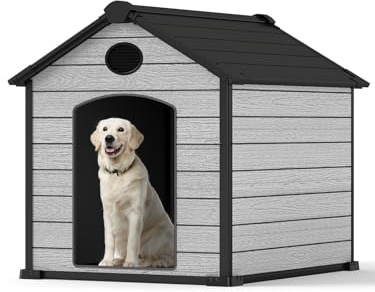 EHHLY 57 Extra Large Dog House Outdoor Weatherproof, 5XL Big Dog House for Large Dog Outside, Insulated Igloo Pet House with Elevated Floor, Extra Durable Resin Plastic, 57Lx47Wx50H, Cemented Grey
