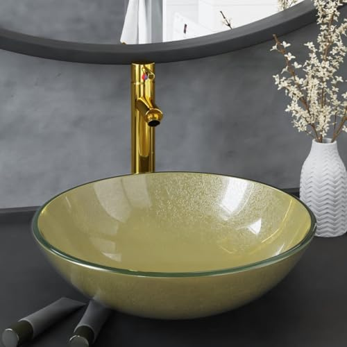 Lavabo de Baño con Grifo Dorado, Fregadero Redondo de Vidrio Templado con Desagüe Automático, Diseño Elegante para Baño Principal o de Invitados, Incluye Accesorios de Montaje, 42x13 cm