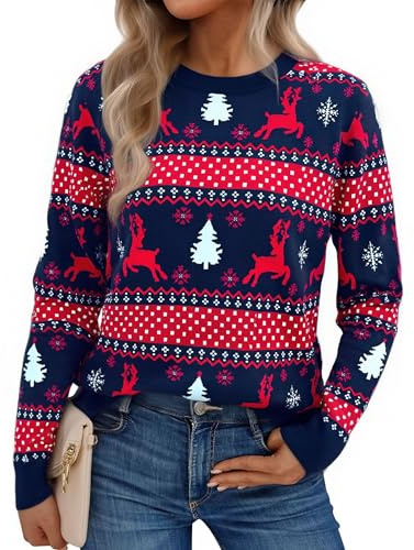 Aseniza Maglione Natalizio Donna Invernale Maglia Natale Maglioni Natale Pullover Ugly Sweatshirt Christmas Jumper Manica Lunga Girocollo Blu Rosso XL