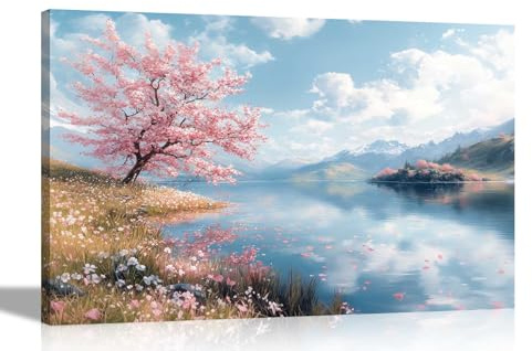 Artley Prints - Autumn Lake Mountain Landscape Pink Tree Canvas Prints Framed Wall Art Scenery Pictures Home Office Living Room 76 x 50cm (30 x 20 inches)