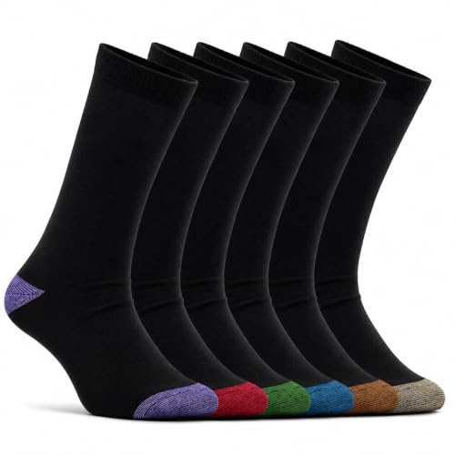 AMELLE Men's Black Dress Socks 6 Pairs, Premium Combed Cotton Formal Work Crew Socks with Coloured Heel & Toe, Reinforced Heel & Toe, Breathable, Moisture Wicking, Anti Odour, UK 9-12 (Black Assorted)