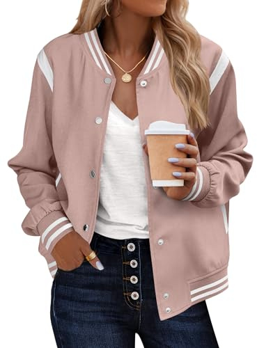 Zeagoo Women's Bomber Jackets Short Lightweight Jacket Autumn Baseball Coat | Casual Long Sleeves Jackets Color Block Button Down Outwear with Pockets S-XXL