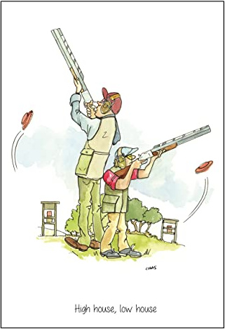 High House, Low House A5 Clay Pigeon Skeet Shooting Greeting Card with envelope - blank inside for your own message Pair of clays hit