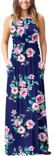 PCEAIIH Women's Casual Sleeveless Maxi Dress Loose Long Dresses with Pockets (XL-B-Flower Navy Blue)
