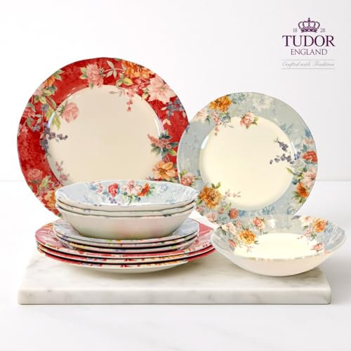 Tudor England 12-Piece Porcelain Dinnerware Set for 4, Crimson Red