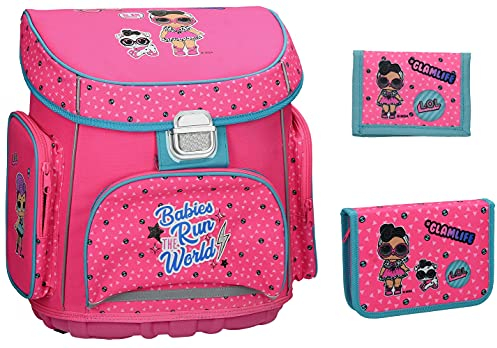 LOL Schulranzen Mädchen 1 Klasse Tornister Schulrucksack SET 3 tlg. L.O.L. für Grundschule ergonomisch und anatomisch/inkl. Federmäppchen und Geldbörse