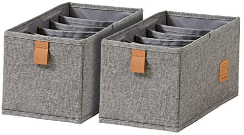 LOVE IT STORE IT Premium Schubladen Organizer 2-teilig - Aufbewahrungskorb aus Leinen - Verstärkt - 6 Fächer für Unterwäsche, Gürtel - Grau - 15x30x15 cm