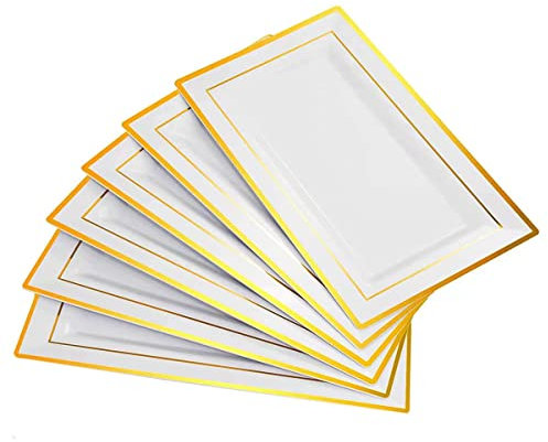 Gikisla Elegant Plastic Serving Platters, 6 Pcs Large Plastic Serving Trays, Rectangle Reusable White&Gold Dinner Plates Set for Parties Snack Food Dessert Sandwiches Cheese Crackers
