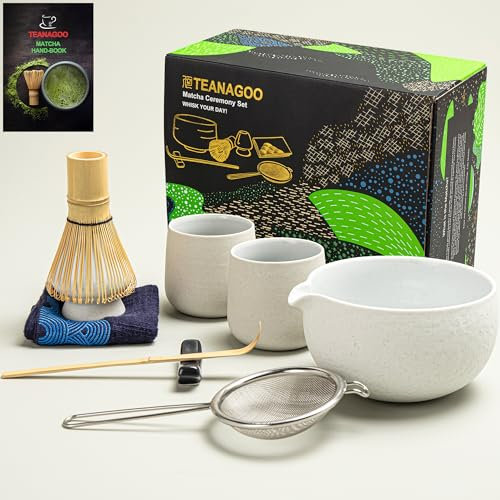 TEANAGOO Matcha Whisk Set Ciotola Matcha con beccuccio in bambù Matcha Whisk Scoop Matcha Whisk Holding Tea Making Kit. 1 set da tè giapponese (7 pezzi) +2 tazze, S3, grigio chiaro