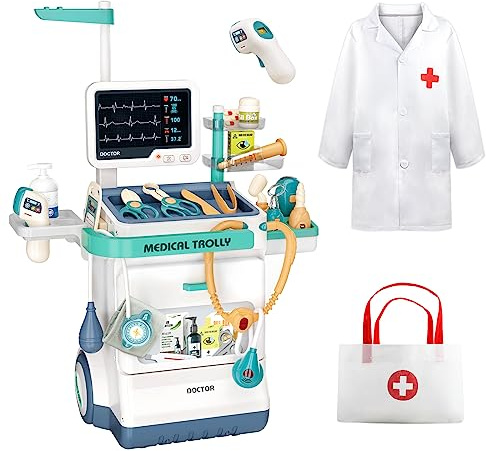JOVOW Kit de médecin Jouet, avec Malette Docteur et Blouse, Ensemble de Jeu Médical Simulé de 28 Pièces avec Chariot Médical Mobile Equipé de lumières et Son pour 3 Ans+ Enfant Garçons Filles
