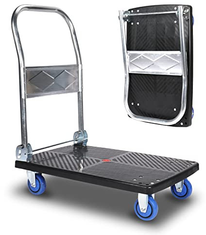 Plattformwagen Transportwagen klappbar Schwerlast 200KG Einhändig Falten Transporthilfe mit Rollen mit Mute Wheels Plattform (Black)